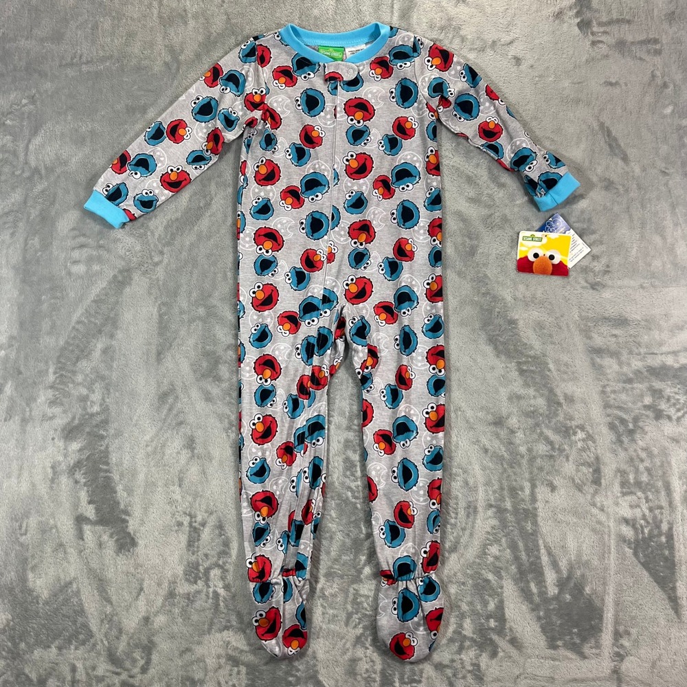 Sesame Street Elmo Cookie Monster Footed Pajamas Toddler 4T Gray Character Print
